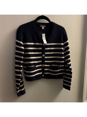 J. Crew Navy and Cream Striped Cardigan with Gold Buttons